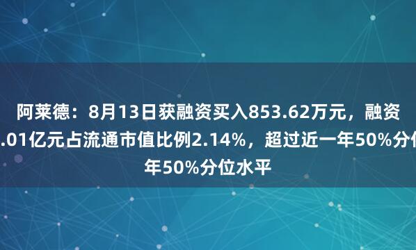 阿莱德：8月13日获融资买入853.62万元，融资余额1.01亿元占流通市值比例2.14%，超过近一年50%分位水平